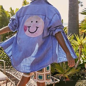 Free People Denim Button-Down Shirt with Smiley Face Patch